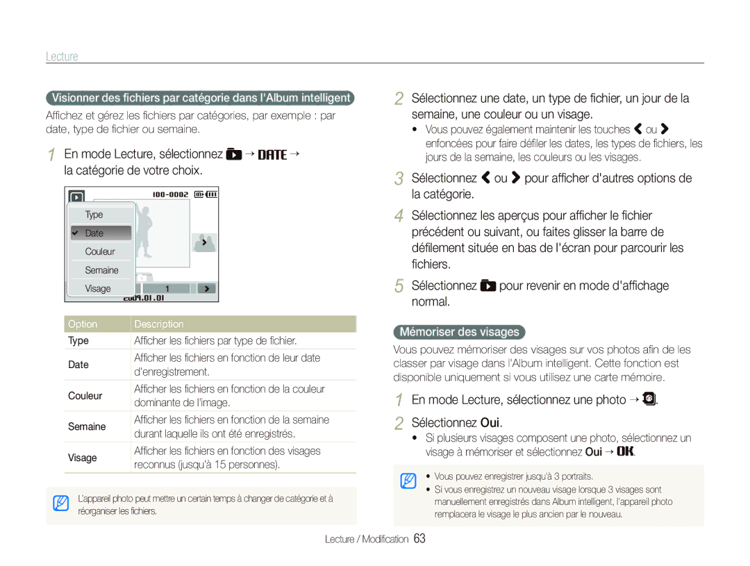 Samsung EC-ST10ZABP/FR manual En mode Lecture, sélectionnez une photo “ Sélectionnez Oui, Mémoriser des visages 