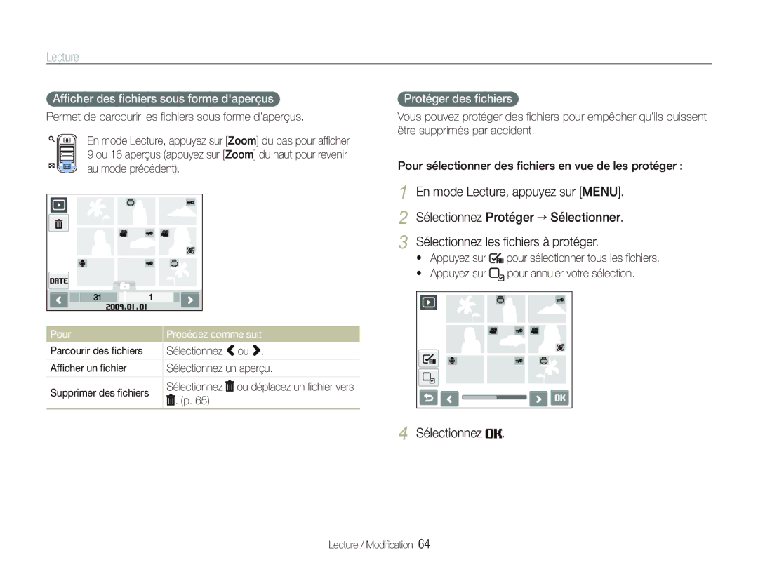 Samsung EC-ST10ZABP/FR manual Afﬁcher des ﬁchiers sous forme daperçus, Protéger des ﬁchiers, Pour Procédez comme suit 