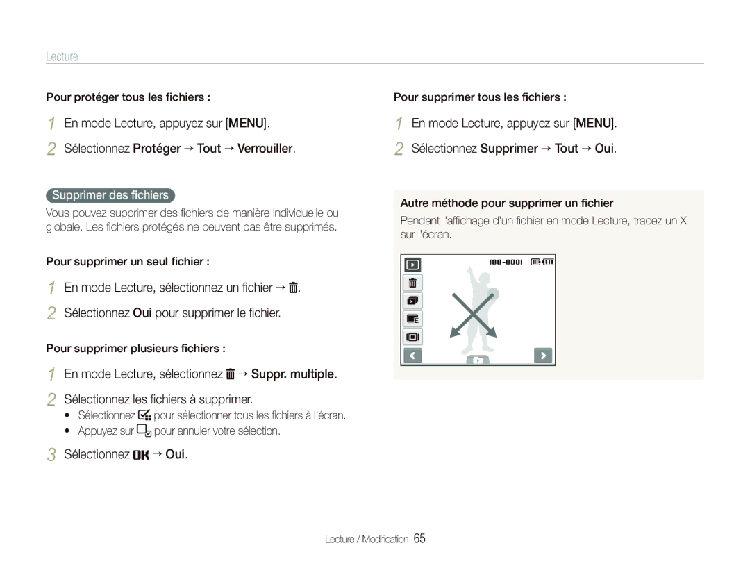 Samsung EC-ST10ZABP/FR manual Supprimer des ﬁchiers,  Sélectionnez pour sélectionner tous les ﬁchiers à lécran 