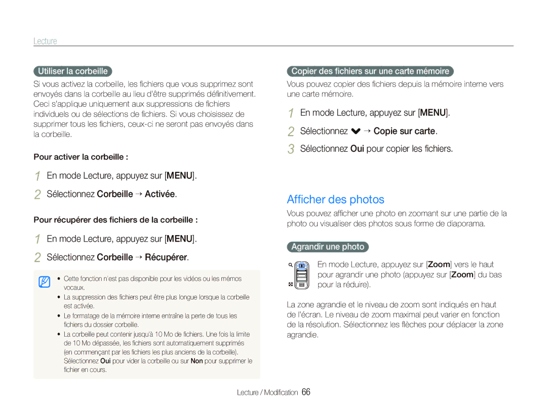 Samsung EC-ST10ZABP/FR manual Afﬁcher des photos, Utiliser la corbeille, Copier des ﬁchiers sur une carte mémoire 