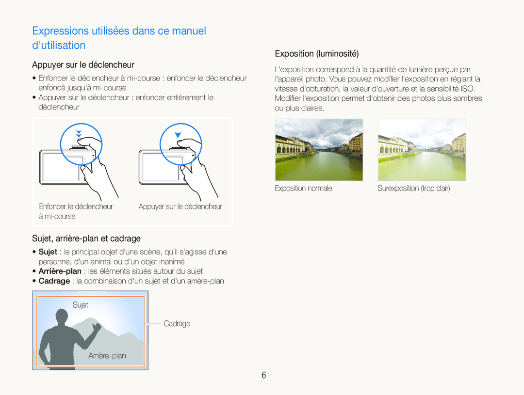 Samsung EC-ST10ZABP/FR manual Expressions utilisées dans ce manuel dutilisation, Appuyer sur le déclencheur, Mi-course 