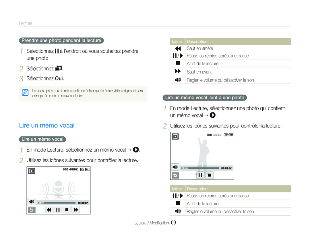 Samsung EC-ST10ZABP/FR manual Prendre une photo pendant la lecture, Lire un mémo vocal joint à une photo 