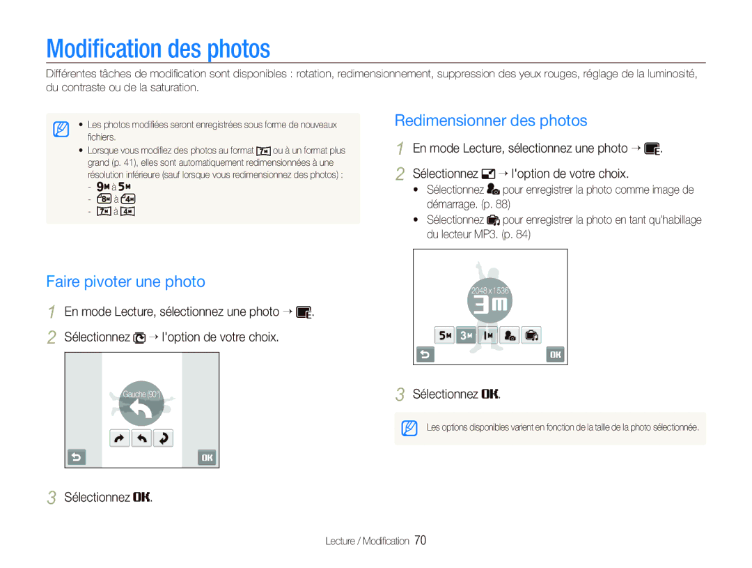 Samsung EC-ST10ZABP/FR manual Modiﬁcation des photos, Redimensionner des photos, Faire pivoter une photo 