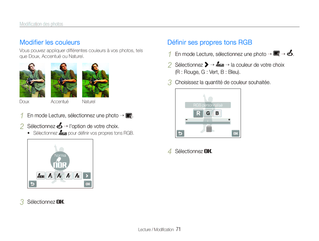 Samsung EC-ST10ZABP/FR manual Modiﬁer les couleurs, Modiﬁcation des photos 