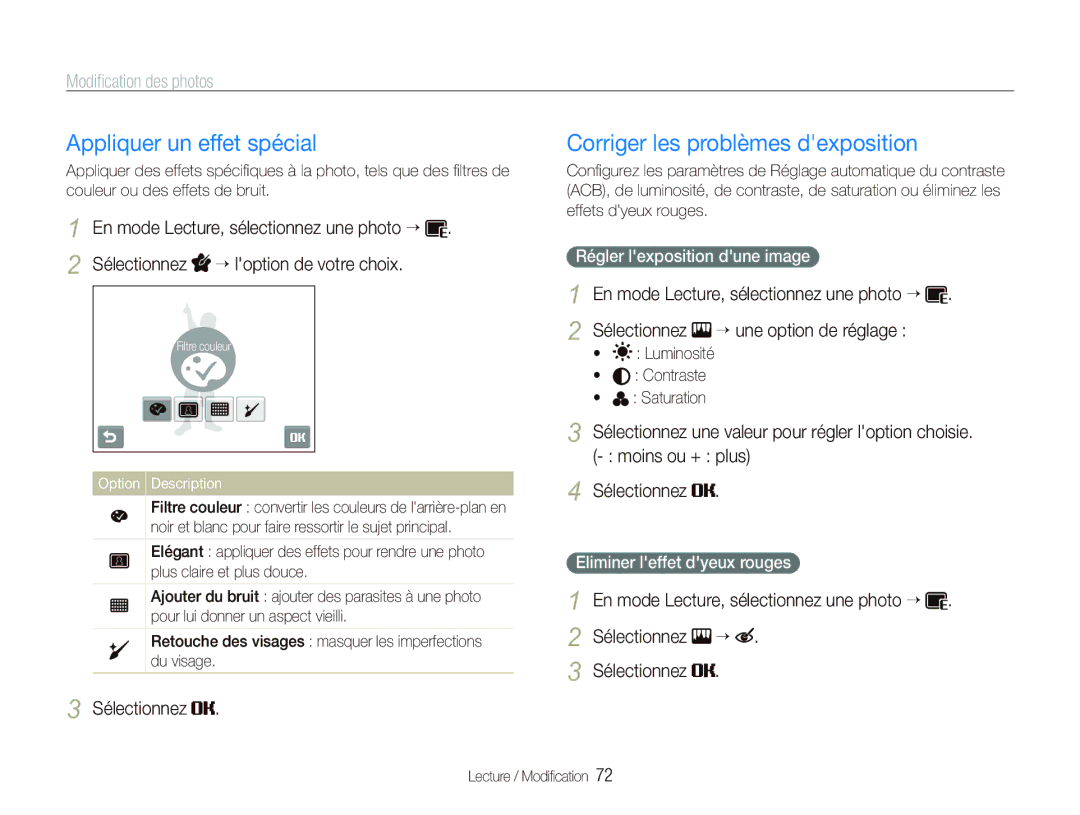 Samsung EC-ST10ZABP/FR manual Appliquer un effet spécial, Corriger les problèmes dexposition, Régler lexposition dune image 