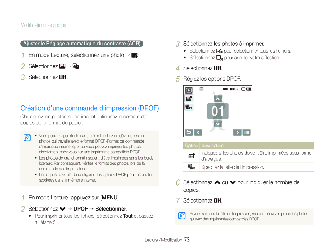 Samsung EC-ST10ZABP/FR manual Création dune commande dimpression Dpof, Sélectionnez Réglez les options Dpof 