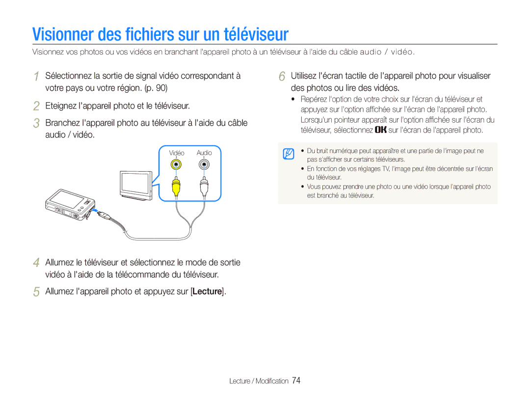 Samsung EC-ST10ZABP/FR manual Visionner des ﬁchiers sur un téléviseur, Allumez lappareil photo et appuyez sur Lecture 