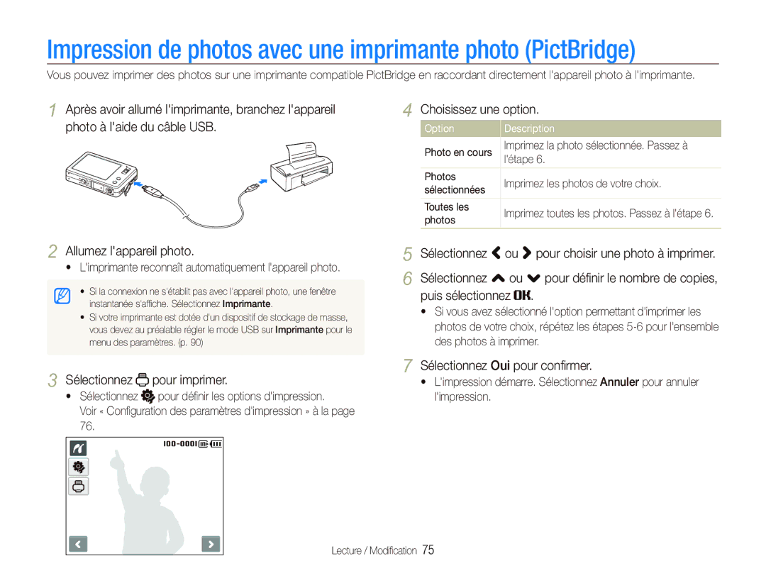 Samsung EC-ST10ZABP/FR manual Impression de photos avec une imprimante photo PictBridge, Sélectionnez pour imprimer 