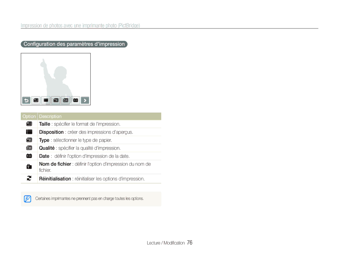 Samsung EC-ST10ZABP/FR Impression de photos avec une imprimante photo PictBridge, Conﬁguration des paramètres dimpression 