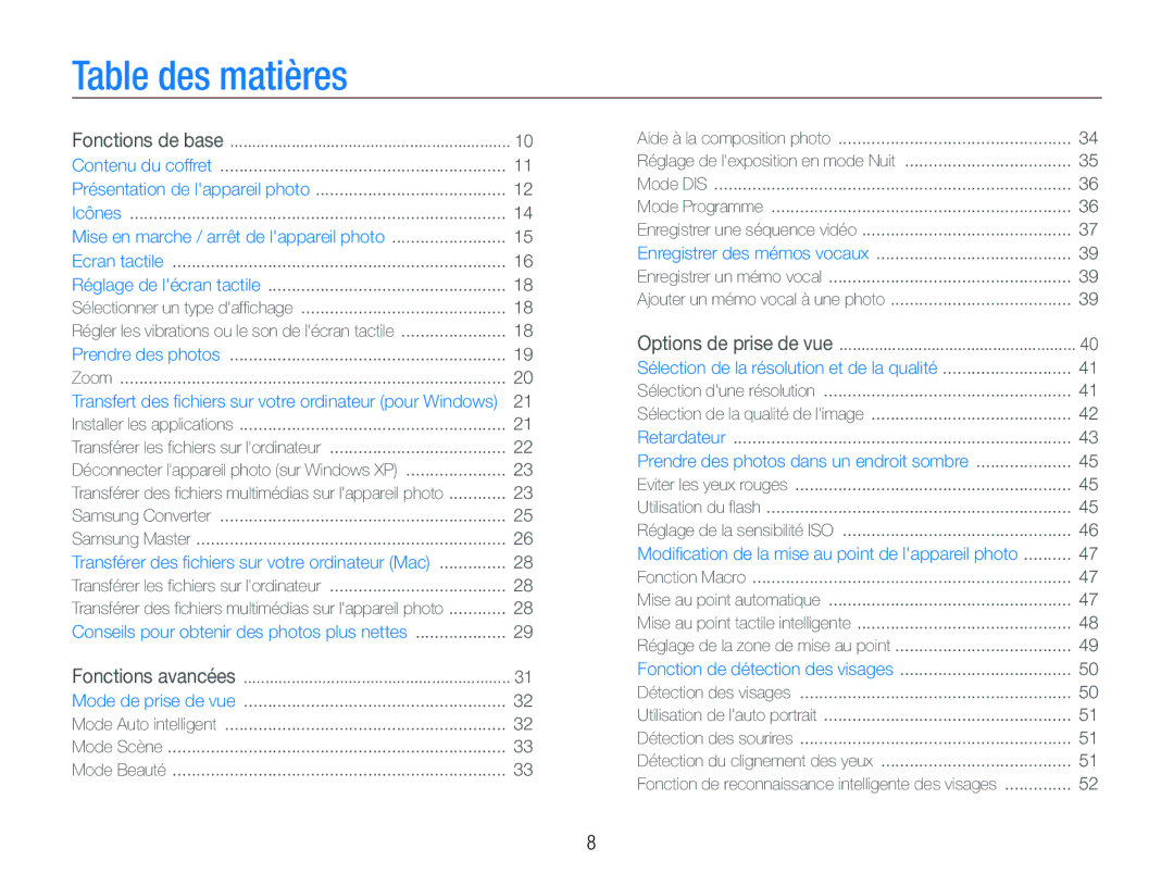 Samsung EC-ST10ZABP/FR manual Table des matières 