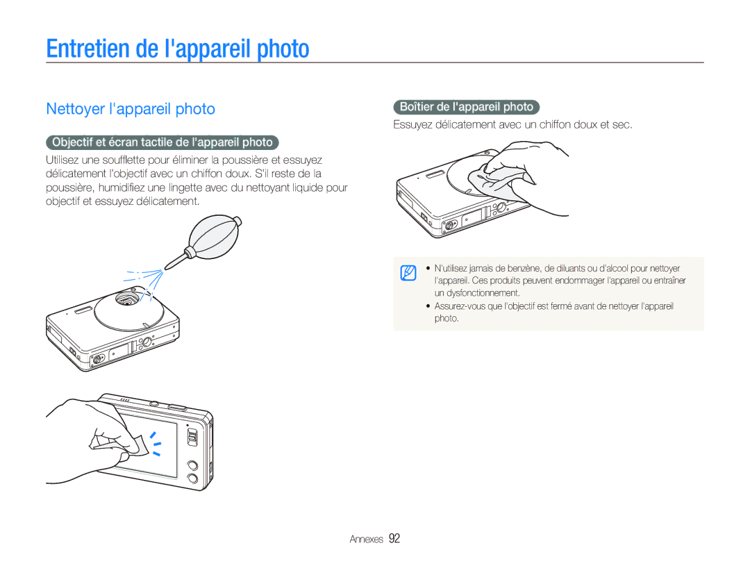 Samsung EC-ST10ZABP/FR manual Entretien de lappareil photo, Nettoyer lappareil photo, Boîtier de lappareil photo 