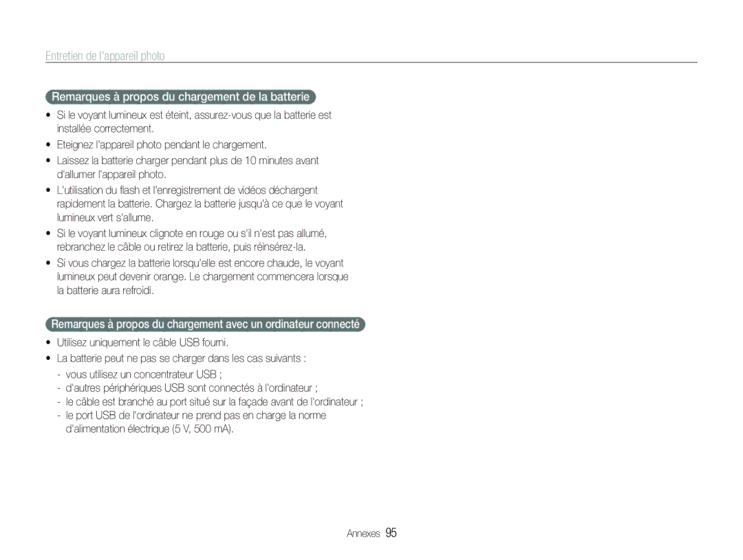 Samsung EC-ST10ZABP/FR manual Remarques à propos du chargement de la batterie 