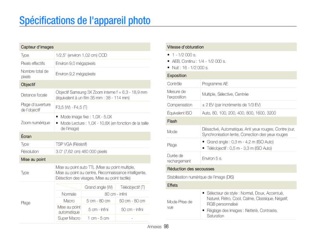 Samsung EC-ST10ZABP/FR manual Spéciﬁcations de lappareil photo 