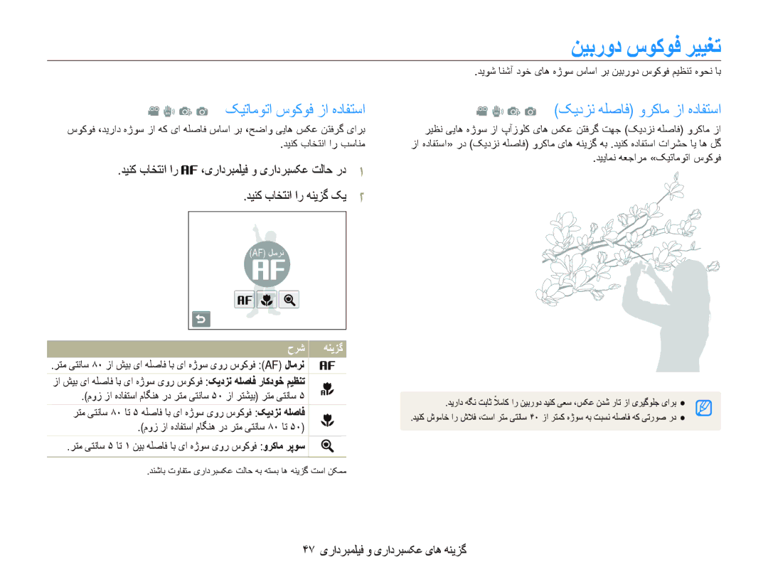 Samsung EC-ST10ZABP/SA manual ﻦﻴﺑﺭﻭﺩ ﺱﻮﮐﻮﻓ ﺮﻴﻴﻐﺗ, ۴٧ یﺭﺍﺩﺮﺒﻤﻠﻴﻓ ﻭ یﺭﺍﺩﺮﺒﺴﮑﻋ یﺎﻫ ﻪﻨﻳﺰﮔ, ﺪﻴﻳﺎﻤﻧ ﻪﻌﺟﺍﺮﻣ «ﮏﻴﺗﺎﻣﻮﺗﺍ ﺱﻮﮐﻮﻓ 