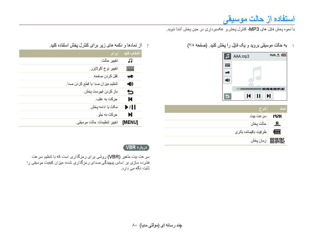 Samsung EC-ST10ZSBP/ME manual ﯽﻘﻴﺳﻮﻣ ﺖﻟﺎﺣ ﺯﺍ ﻩﺩﺎﻔﺘﺳﺍ, ﺪﻴﻨﮐ ﻩﺩﺎﻔﺘﺳﺍ ﺶﺨﭘ ﻝﺮﺘﻨﮐ یﺍﺮﺑ ﺮﻳﺯ یﺎﻫ ﻪﻤﮐﺩ ﻭ ﺎﻫﺩﺎﻤﻧ ﺯﺍ, Vbr ﻩﺭﺎﺑﺭﺩ 