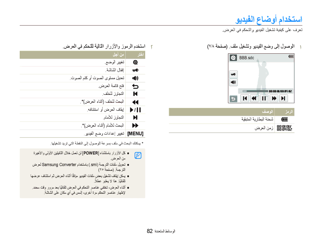 Samsung EC-ST10ZABP/SA manual ﻮﻳﺪﻴﻔﻟﺍ ﻉﺎﺿﻭﺃ ﻡﺍﺪﺨﺘﺳﺍ, ٧٨ ﺔﺤﻔﺻ .ﻒﻠﻣ ﻞﻴﻐﺸﺗﻭ ﻮﻳﺪﻴﻔﻟﺍ ﻊﺿﻭ ﻰﻟﺇ ﻝﻮﺻﻮﻟﺍ, 82 ﺓﺩﺪﻌﺘﻤﻟﺍ ﻂﺋﺎﺳﻮﻟﺍ 