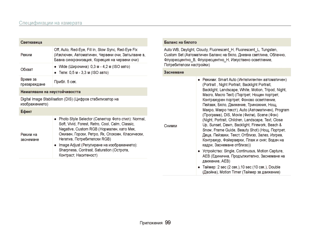 Samsung EC-ST10ZRBP/E3 manual Спецификации на камерата, Ɋвɟткɚвицɚ 