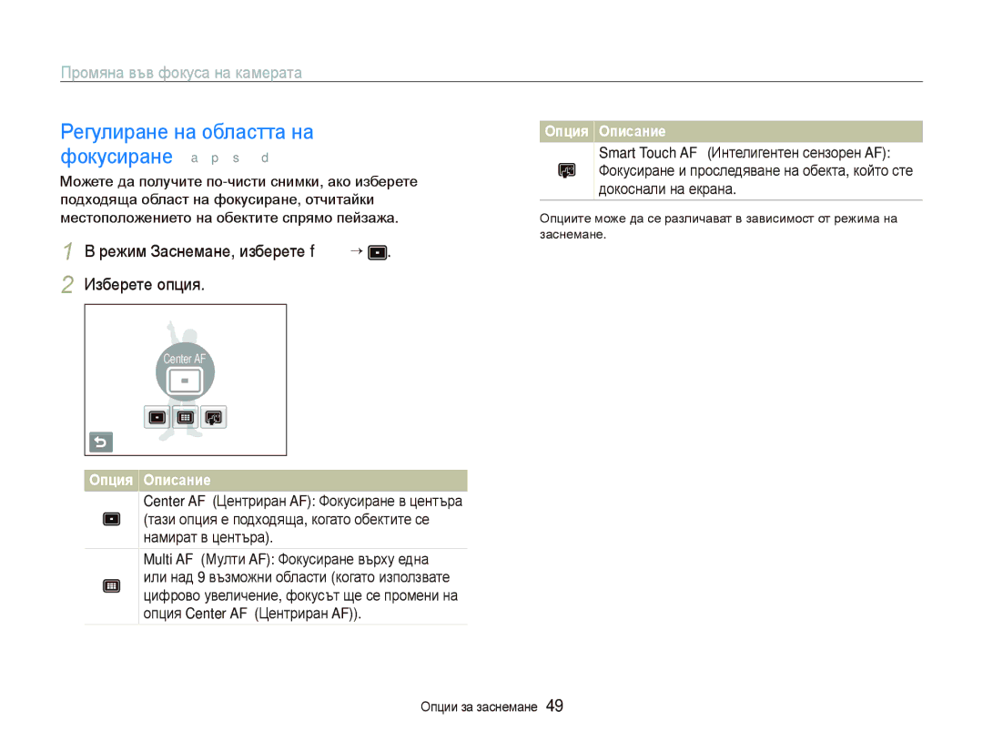 Samsung EC-ST10ZRBP/E3 manual Регулиране на областта на фокусиране a p s d, Режим Заснемане, изберете f “ Изберете опция 