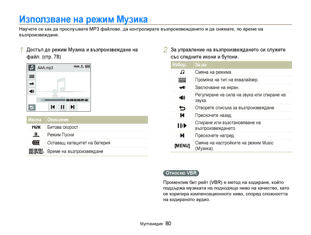 Samsung EC-ST10ZRBP/E3 Иɡпɨлɡвɚнɟ нɚ ɪɟжим Ɇɭɡикɚ, Достъп до режим Музика и възпроизвеждане на файл. стр, Ɉтнɨɫнɨ VBR 