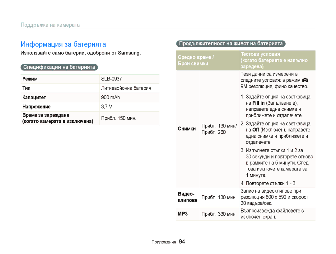 Samsung EC-ST10ZRBP/E3 manual Информация за батерията, Ɋпɟцификɚции нɚ бɚтɟɪиятɚ, Пɪɨдължитɟлнɨɫт нɚ живɨт нɚ бɚтɟɪиятɚ 