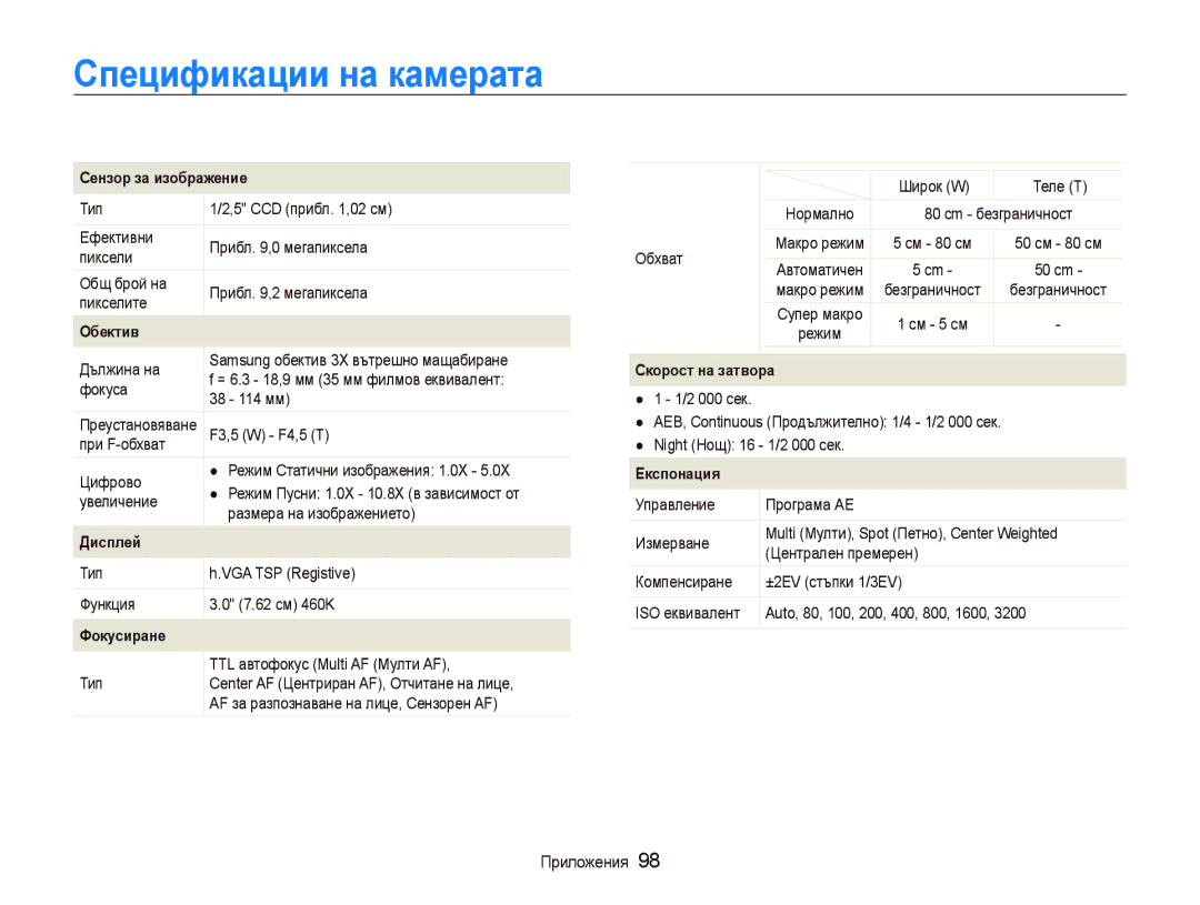 Samsung EC-ST10ZRBP/E3 manual Ɋпɟцификɚции нɚ кɚмɟɪɚтɚ, Ɋɟнɡɨɪ ɡɚ иɡɨбɪɚжɟниɟ 