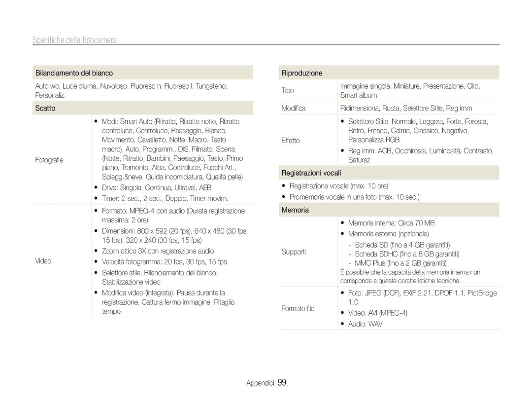 Samsung EC-ST10ZSBP/IT, EC-ST10ZBBP/IT, EC-ST10ZSBA/IT, EC-ST10ZABA/IT, EC-ST10ZRBP/IT manual Speciﬁche della fotocamera 