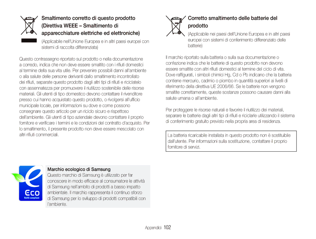 Samsung EC-ST10ZABA/IT, EC-ST10ZSBP/IT manual Corretto smaltimento delle batterie del prodotto, Marchio ecologico di Samsung 