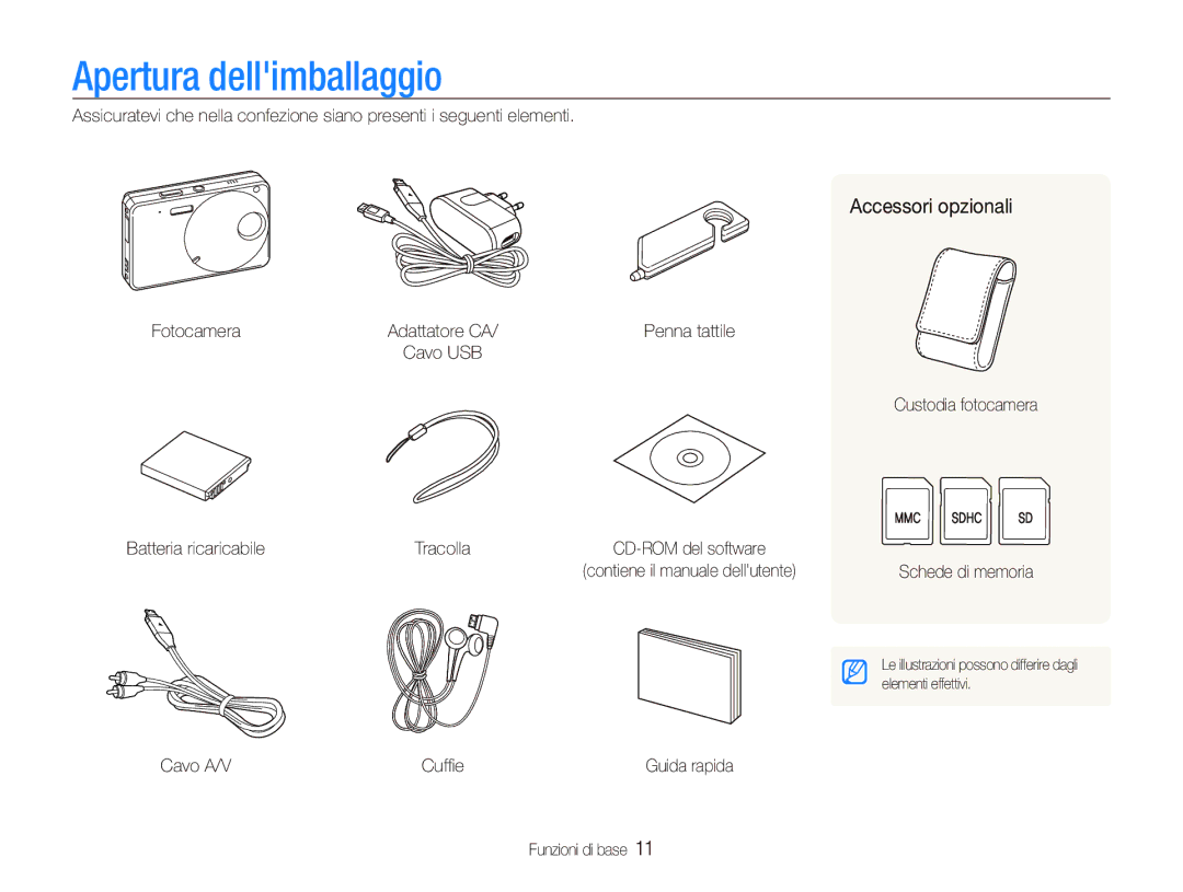 Samsung EC-ST10ZSBA/IT, EC-ST10ZSBP/IT, EC-ST10ZBBP/IT, EC-ST10ZABA/IT manual Apertura dellimballaggio, Accessori opzionali 