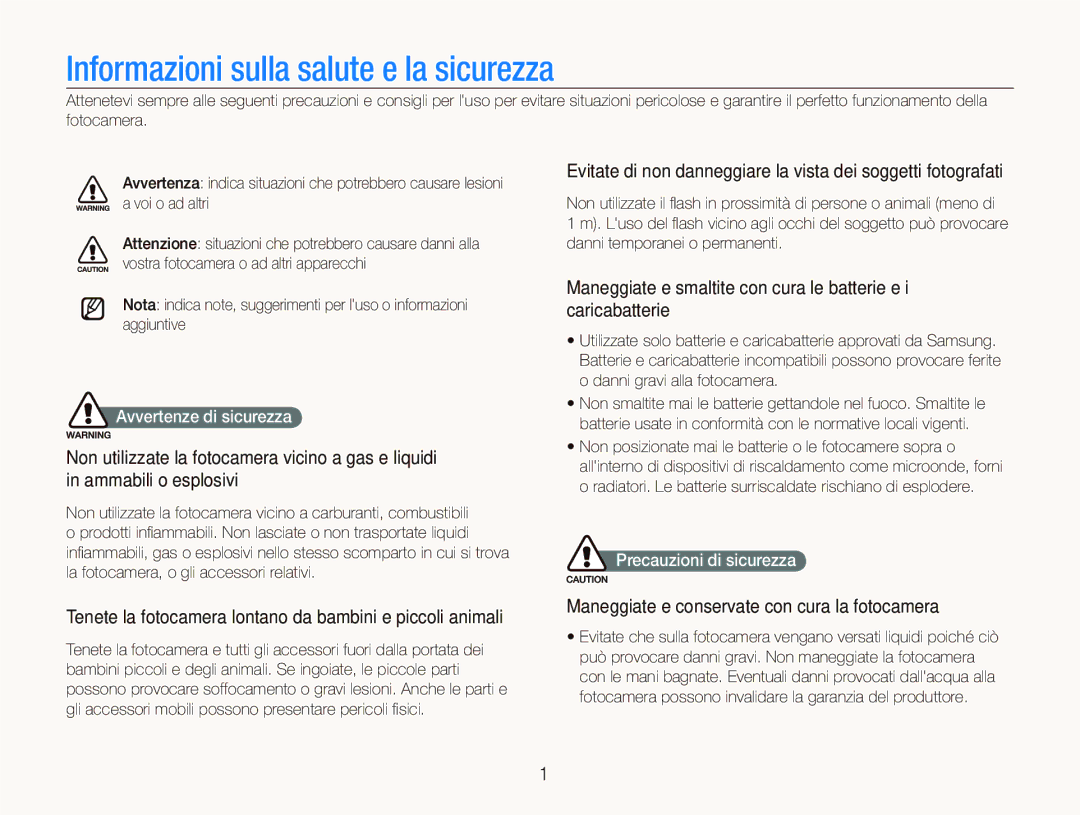 Samsung EC-ST10ZSBA/IT, EC-ST10ZSBP/IT Tenete la fotocamera lontano da bambini e piccoli animali, Avvertenze di sicurezza 