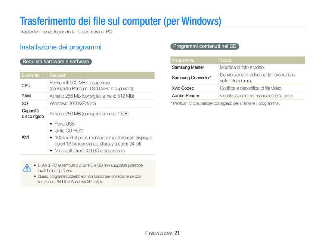 Samsung EC-ST10ZSBA/IT, EC-ST10ZSBP/IT manual Trasferimento dei ﬁle sul computer per Windows, Installazione dei programmi 