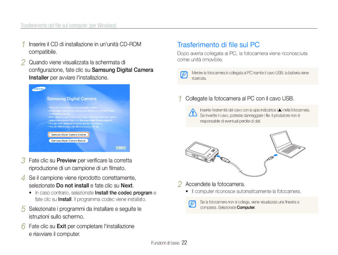 Samsung EC-ST10ZABA/IT, EC-ST10ZSBP/IT manual Trasferimento di ﬁle sul PC, Trasferimento dei ﬁle sul computer per Windows 