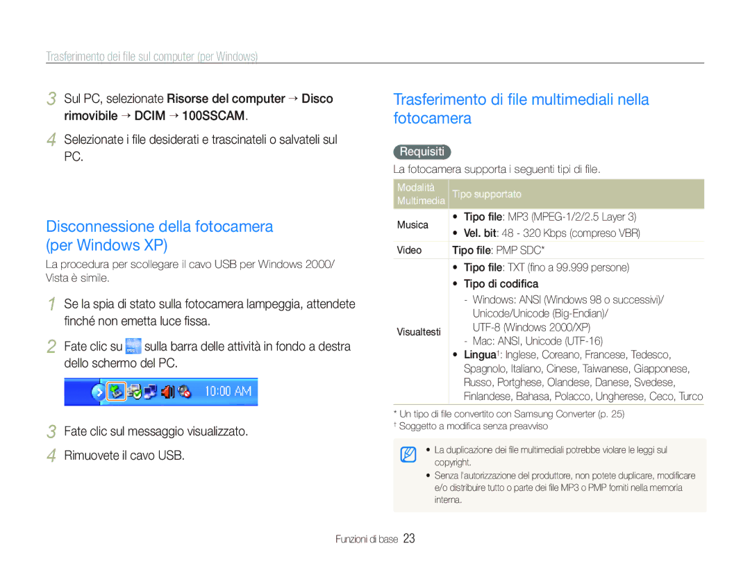 Samsung EC-ST10ZRBP/IT Trasferimento di ﬁle multimediali nella fotocamera, Disconnessione della fotocamera per Windows XP 
