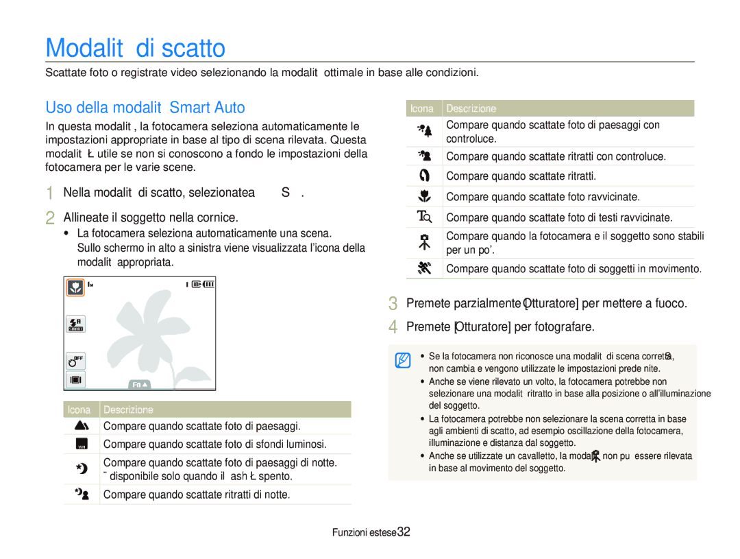 Samsung EC-ST10ZABA/IT manual Modalità di scatto, Uso della modalità Smart Auto, Compare quando scattate ritratti di notte 