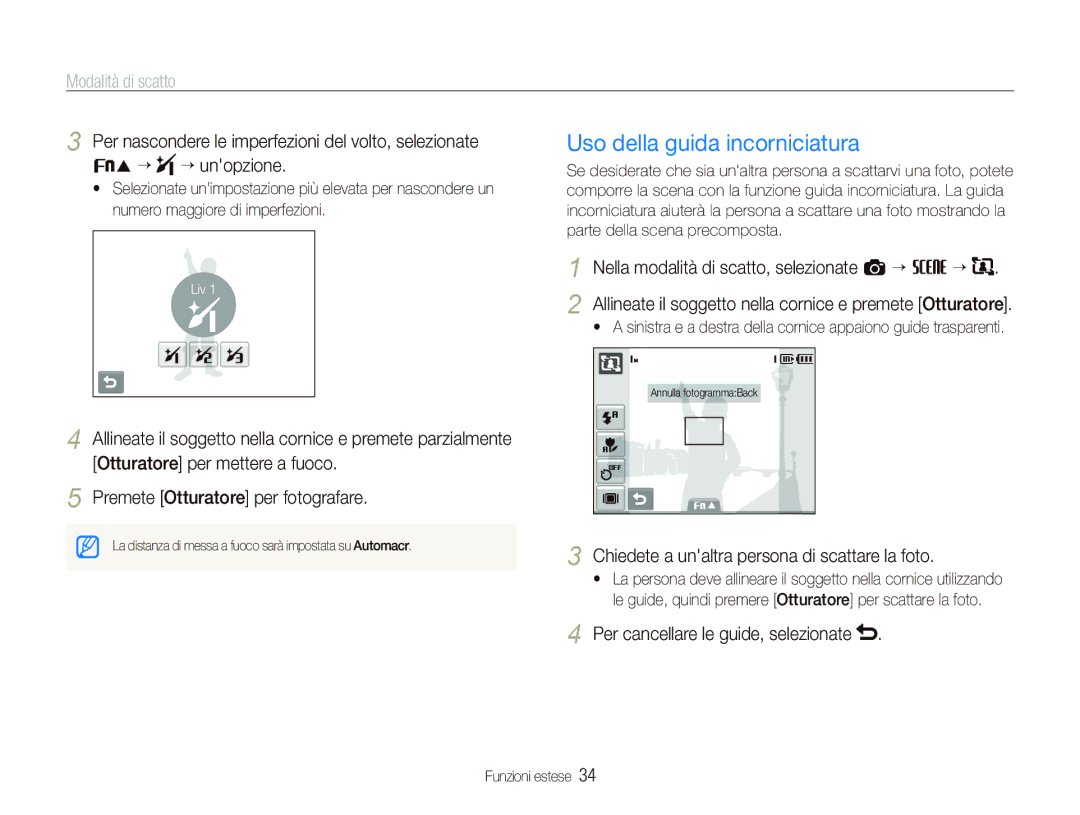 Samsung EC-ST10ZSBP/IT, EC-ST10ZBBP/IT manual Uso della guida incorniciatura, Nella modalità di scatto, selezionate a “ s “ 