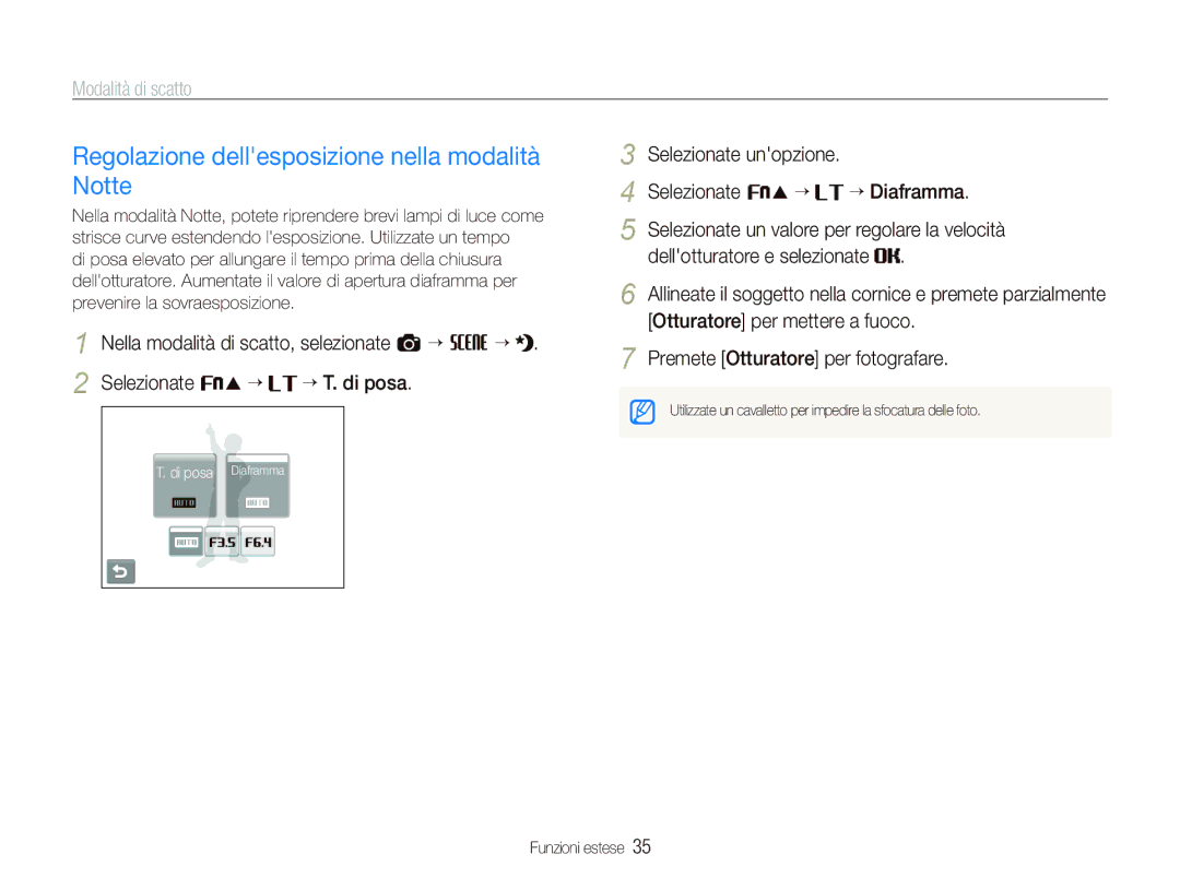 Samsung EC-ST10ZBBP/IT Regolazione dellesposizione nella modalità Notte, Selezionate f “, Otturatore per mettere a fuoco 