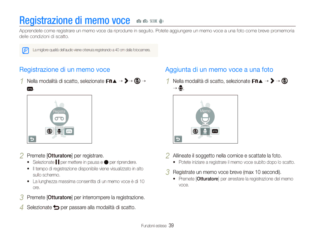 Samsung EC-ST10ZSBP/IT, EC-ST10ZBBP/IT, EC-ST10ZSBA/IT Registrazione di memo voce a p s d, Registrazione di un memo voce 