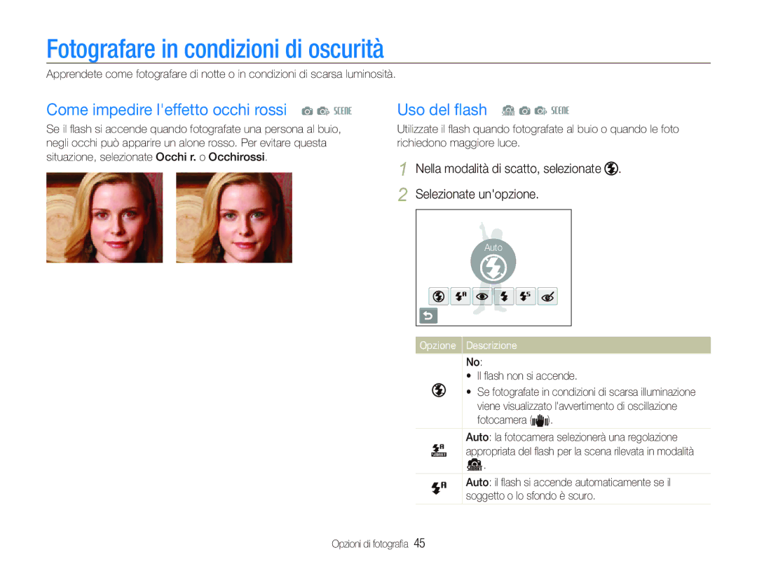 Samsung EC-ST10ZBBP/IT, EC-ST10ZSBP/IT Fotografare in condizioni di oscurità, Come impedire leffetto occhi rossi a p s 