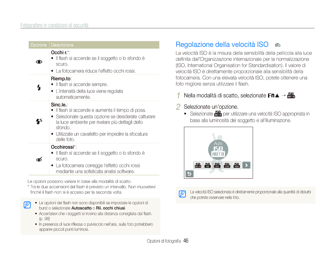 Samsung EC-ST10ZSBA/IT, EC-ST10ZSBP/IT manual Regolazione della velocità ISO p, Fotografare in condizioni di oscurità 