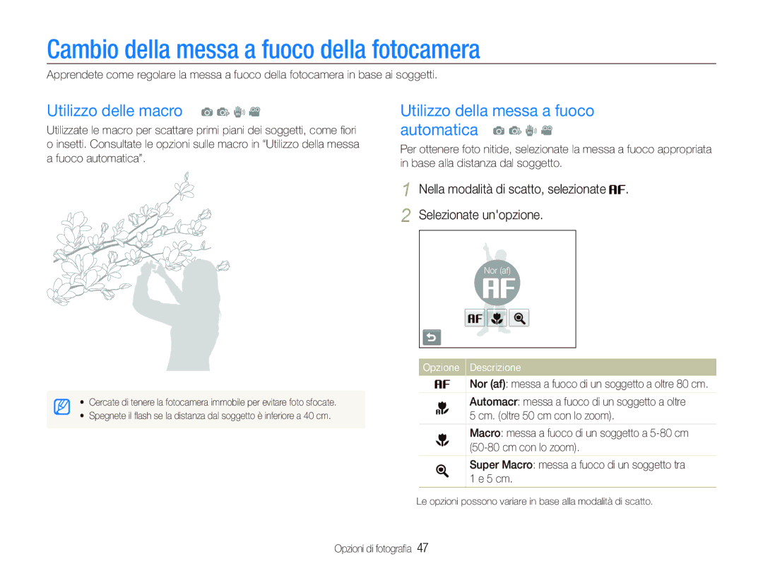 Samsung EC-ST10ZABA/IT, EC-ST10ZSBP/IT manual Cambio della messa a fuoco della fotocamera, Utilizzo delle macro a p d 