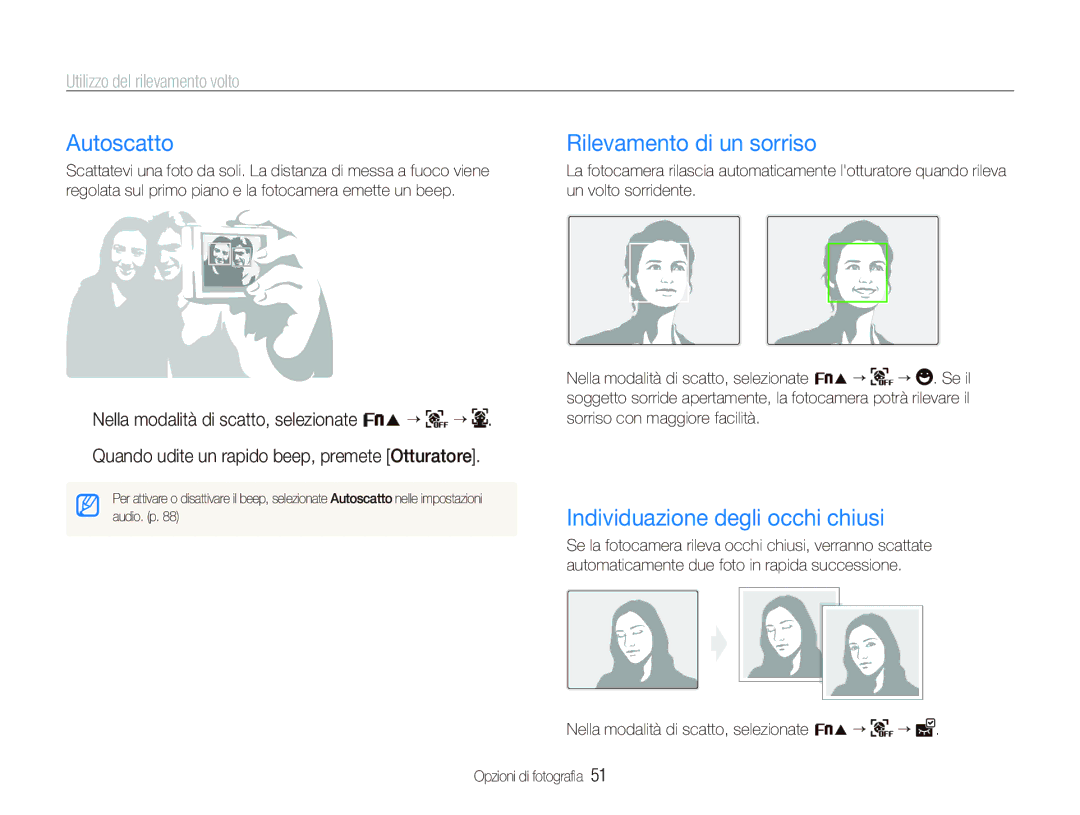 Samsung EC-ST10ZSBA/IT, EC-ST10ZSBP/IT manual Autoscatto, Rilevamento di un sorriso, Individuazione degli occhi chiusi 