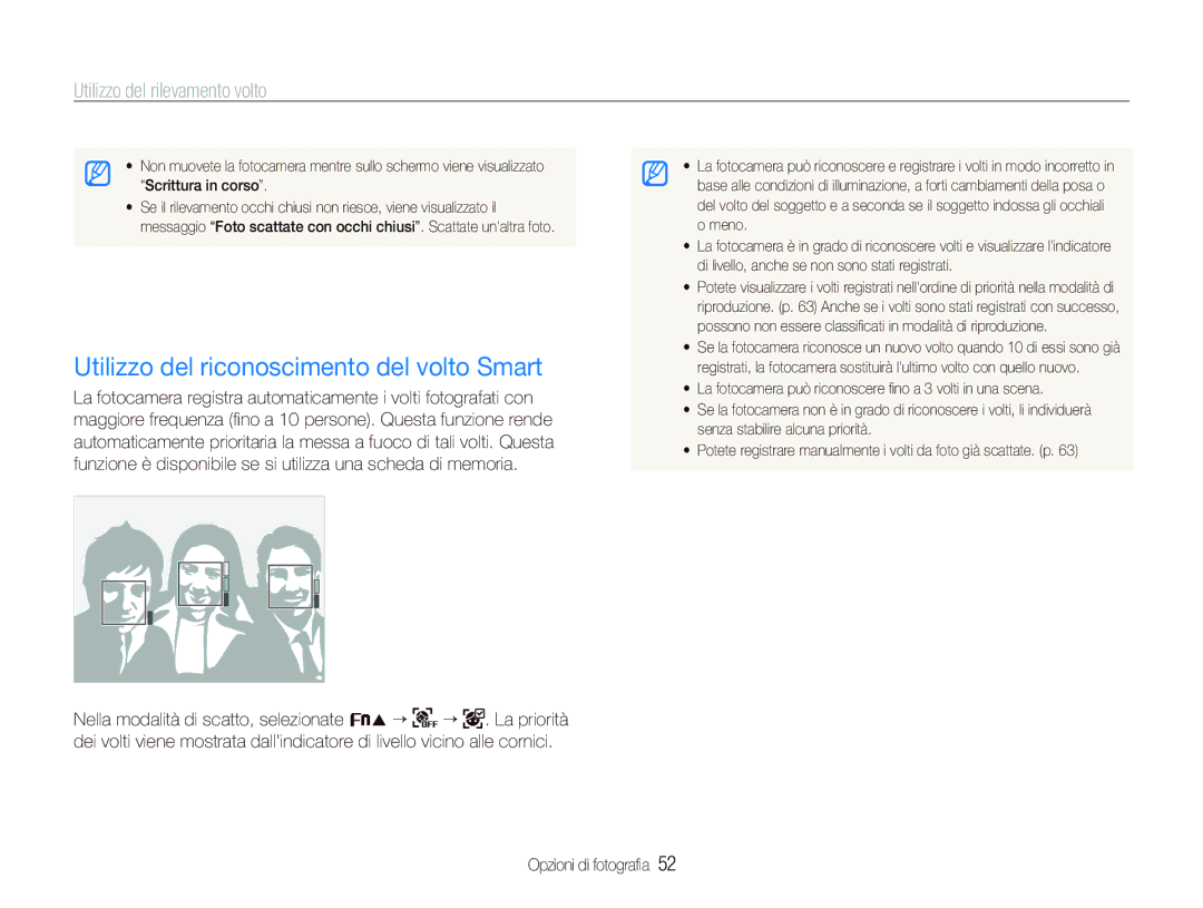 Samsung EC-ST10ZABA/IT, EC-ST10ZSBP/IT, EC-ST10ZBBP/IT, EC-ST10ZSBA/IT manual Utilizzo del riconoscimento del volto Smart 