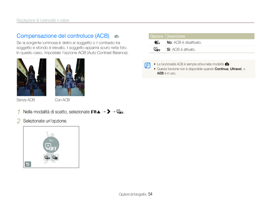 Samsung EC-ST10ZSBP/IT manual Compensazione del controluce ACB p, Regolazione di luminosità e colore, Senza ACBCon ACB 