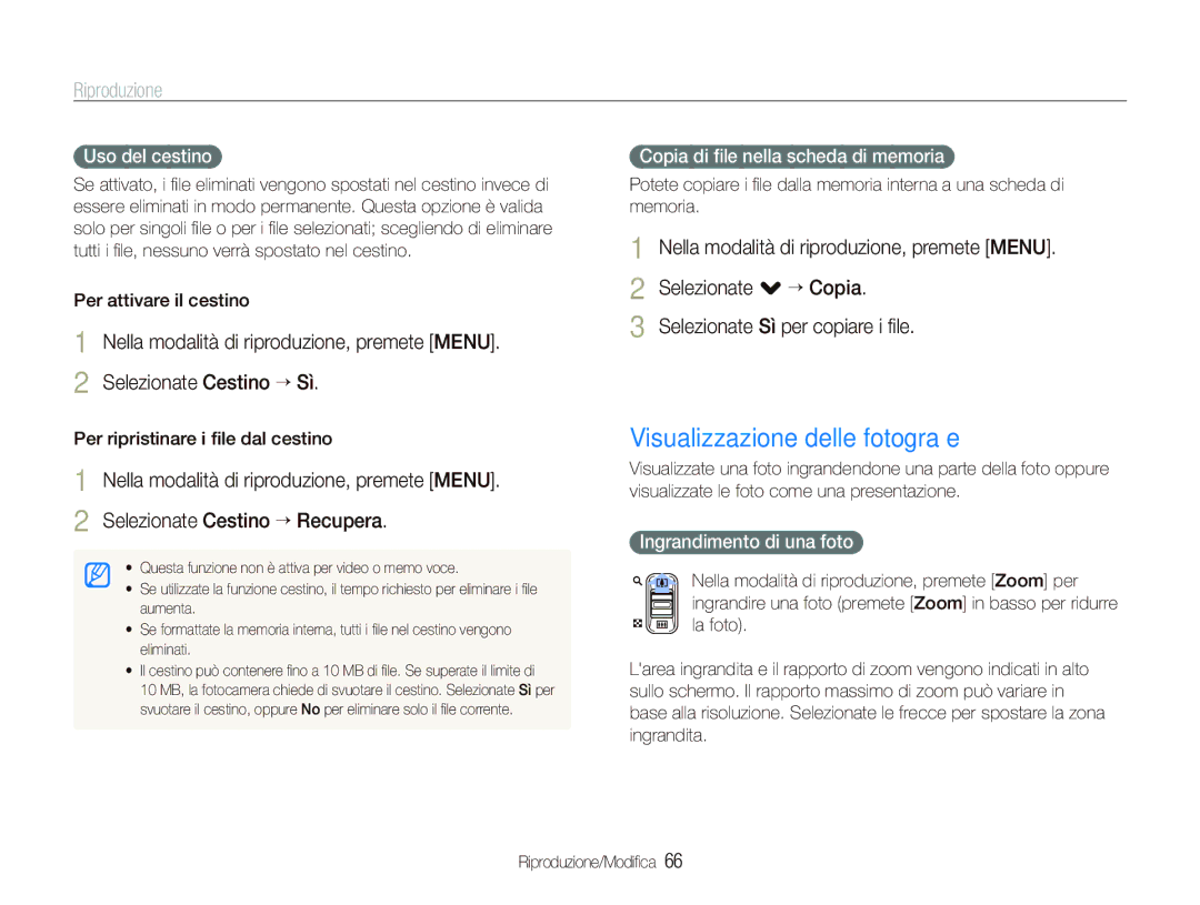 Samsung EC-ST10ZSBA/IT manual Visualizzazione delle fotograﬁe, Uso del cestino, Copia di ﬁle nella scheda di memoria 