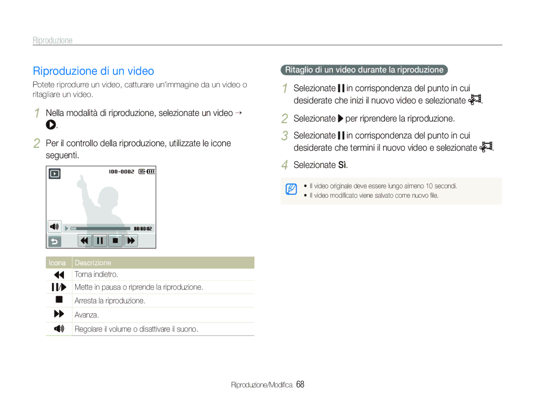 Samsung EC-ST10ZRBP/IT manual Riproduzione di un video, Selezionate Sì, Ritaglio di un video durante la riproduzione 