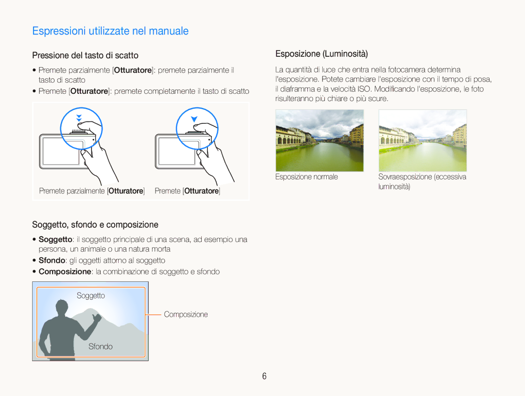 Samsung EC-ST10ZSBA/IT Espressioni utilizzate nel manuale, Pressione del tasto di scatto, Esposizione Luminosità 