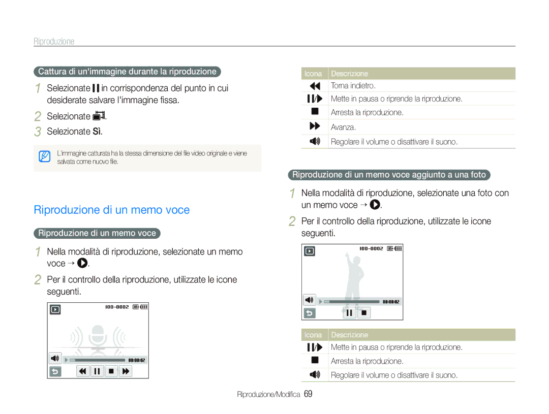 Samsung EC-ST10ZSBP/IT, EC-ST10ZBBP/IT manual Riproduzione di un memo voce, Cattura di unimmagine durante la riproduzione 