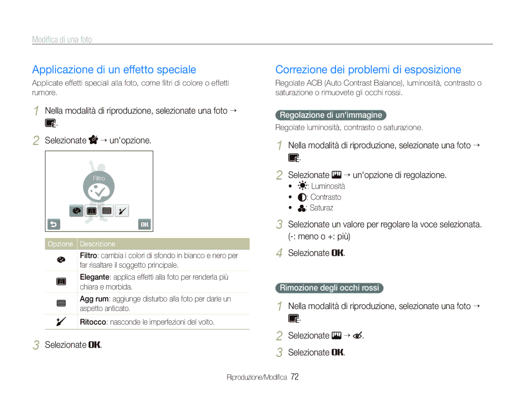 Samsung EC-ST10ZABA/IT, EC-ST10ZSBP/IT manual Applicazione di un effetto speciale, Correzione dei problemi di esposizione 