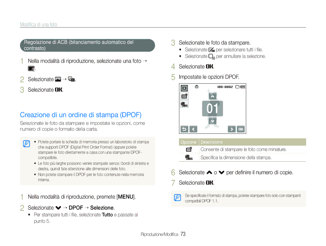 Samsung EC-ST10ZRBP/IT, EC-ST10ZSBP/IT manual Creazione di un ordine di stampa Dpof, Selezionate le foto da stampare 