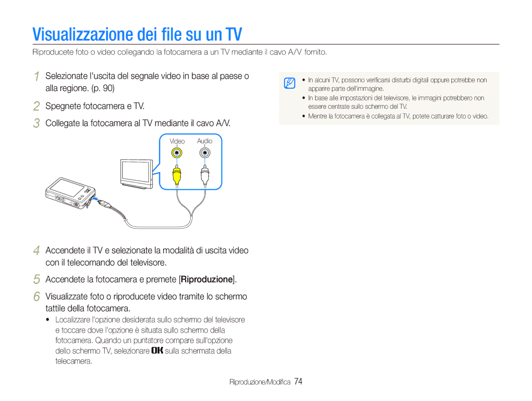 Samsung EC-ST10ZSBP/IT manual Visualizzazione dei ﬁle su un TV, Collegate la fotocamera al TV mediante il cavo A/V 