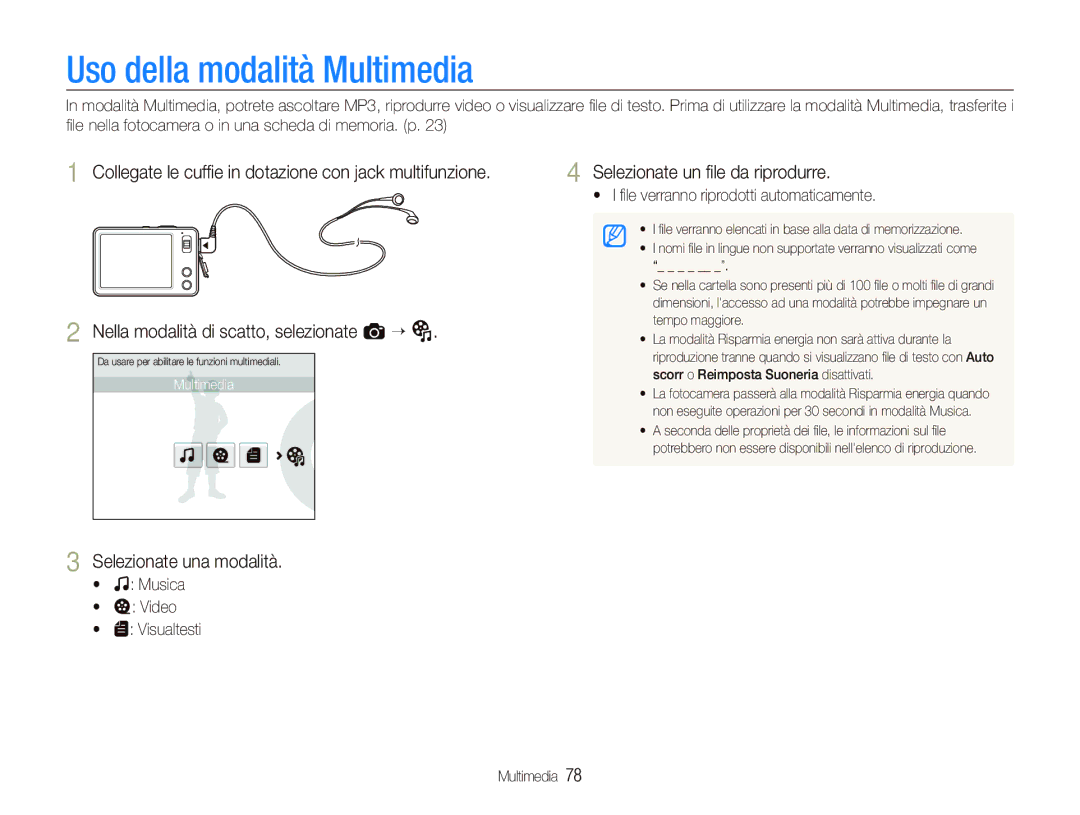 Samsung EC-ST10ZRBP/IT manual Uso della modalità Multimedia, Selezionate un ﬁle da riprodurre, Selezionate una modalità 